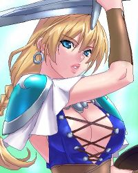 1girl armor blonde_hair blue_eyes braid breasts cleavage cross-laced_clothes earrings female_focus jewelry large_breasts long_hair lowres oekaki parted_lips shoulder_pads solo sophitia_alexandra soul_calibur soulcalibur soulcalibur_ii sword weapon zen