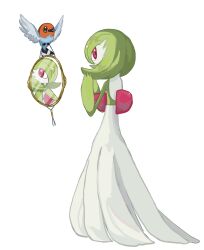 bird bob_cut colored_skin creatures_(company) dress fletchling game_freak gardevoir gen_3_pokemon gen_6_pokemon green_hair green_skin highres mirror multicolored_skin nintendo pink_eyes pokemon pokemon_(creature) reflection simple_background token0359 two-tone_skin white_background white_dress white_skin wings