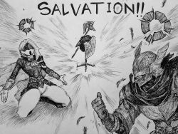 1girl 2boys :o ascot asymmetrical_bangs blindfold boots chronozbergh clenched_hand cloak dramatic_dmitry_(meme) duchess_(elden_ring) elden_ring elden_ring_nightreign emphasis_lines english_text gameplay_mechanics gloves greyscale guardian_(elden_ring) helmet highres holding holding_polearm holding_weapon knee_boots kneeling meme monochrome multiple_boys outstretched_arms pants polearm pukeko shield short_hair spread_arms weapon white_ascot white_gloves white_pants winged_helmet wylder_(elden_ring)