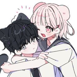 1boy 1girl ;d animal_ears bear_ears bear_girl black_hair black_sailor_collar blush cat_boy cat_ears cat_tail closed_mouth grey_eyes grey_outline highres hug one_eye_closed open_mouth original outline pink_eyes pink_hair sailor_collar school_uniform serafuku shirt short_hair short_sleeves simple_background smile tail upper_body white_background white_shirt yalmyu