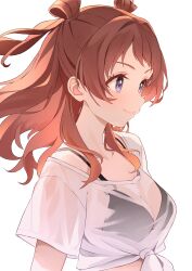 Rule 34 | 1girl, absurdres, b1ack illust, bikini, bikini under clothes, black bikini, blue eyes, blush, breasts, brown hair, check commentary, cleavage, collarbone, commentary request, eyelashes, gakuen idolmaster, hanami saki, highres, idolmaster, long hair, medium breasts, o-ring, o-ring top, see-through clothes, see-through shirt, shirt, short sleeves, sidelocks, smile, solo, swimsuit, tied shirt, upper body, white background, white shirt