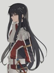 1boy absurdres ascot belt black_hair closed_mouth coat commentary_request epaulettes ernst_(ys) george_man highres light_smile long_hair looking_ahead male_focus rapier solo sword very_long_hair weapon white_ascot yellow_eyes ys ys_vi:_the_ark_of_napishtim