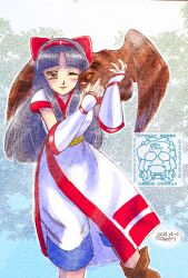 1girl ainu_clothes artist_name blue_hair breasts brown_eyes dated fingerless_gloves gloves hair_ribbon legs long_hair mamahaha medium_breasts nakoruru one_eye_closed pants parted_lips ribbon samurai_spirits smile snk the_king_of_fighters thighs tongue traditional_media wink
