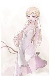 Rule 34 | 1girl, bakemonogatari, bare shoulders, blonde hair, breasts, commentary request, dress, expressionless, highres, kiss-shot acerola-orion heart-under-blade, long hair, looking at viewer, monogatari (series), oshino shinobu, pointy ears, red eyes, ruri (rukiafile), small breasts, solo, white dress