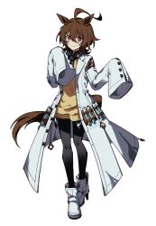 Rule 34 | 1girl, agnes tachyon (umamusume), ahoge, animal ears, black pantyhose, boots, brown hair, closed mouth, coat, commentary, ear piercing, full body, hair between eyes, highres, horse ears, horse girl, horse tail, huge ahoge, looking at viewer, melvi0, open clothes, open coat, pantyhose, piercing, red eyes, short hair, simple background, sleeves past fingers, sleeves past wrists, smile, solo, sweater, tachi-e, tail, test tube, umamusume, white background, white boots, white coat, yellow sweater