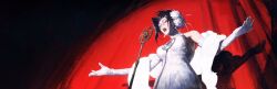 Rule 34 | 1girl, black hair, closed eyes, cowboy bebop, creamyghost, curtains, dress, elbow gloves, faye valentine, flower, from below, gloves, hair flower, hair ornament, highres, lipstick, makeup, microphone stand, music, open mouth, outstretched arms, short hair, singing, sleeveless, sleeveless dress, solo, spotlight, spread arms, stage curtains, white dress