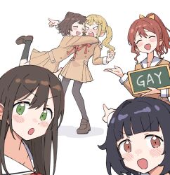 Rule 34 | 5girls, absurdres, angry, bang dream!, black hair, black thighhighs, blonde hair, blush, brown eyes, brown hair, chalkboard, green eyes, hanasakigawa school uniform, hanazono tae, highres, holding, hug, ichigaya arisa, long hair, multiple girls, open mouth, poppin&#039;party, punching, red sailor collar, sailor collar, school uniform, shoes, short hair, simple background, skirt, smile, standing, thighhighs, toyama kasumi, twintails, ushigome rimi, white background, yamabuki saya, yeeee chen