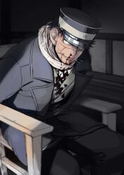 1boy black_pants blood bound chair coat golden_kamuy impaled injury kzouzou male_focus needle nosebleed pants scar scar_on_face sitting solo sugimoto_saichi tied_up_(nonsexual) wooden_floor