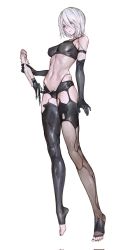 1girl a2_(nier:automata) android armlet asymmetrical_legwear black_gloves black_nails black_shorts black_tank_top black_thighhighs closed_mouth corrupted_twitter_file covered_erect_nipples detachable_penis elbow_gloves gloves grey_eyes highres iuui jewelry joints mole mole_under_mouth nail_polish nier:automata nier_(series) robot_joints short_hair shorts solo suggestive_fluid tank_top thighhighs white_background white_hair wire