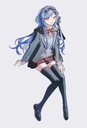 1girl black_jacket black_thighhighs blue_hair commission full_body grey_sweater highres jacket nanoka_san open_mouth original red_eyes red_skirt shirt simple_background sitting skirt smile solo sweater thighhighs white_background white_shirt