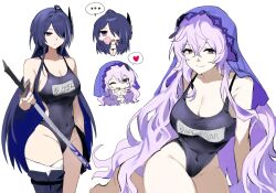 ... acheron_(honkai:_star_rail) alternate_costume bikini black_swan_(honkai:_star_rail) blue_one-piece_swimsuit character_name chibi hair_over_one_eye heart highres honkai:_star_rail honkai_(series) hsk10107 one-piece_swimsuit purple_hair purple_veil speech_bubble swimsuit sword thick_thighs thighs veil weapon wide_hips
