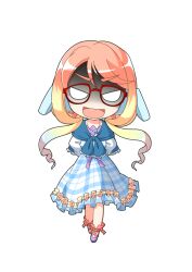 Rule 34 | 1girl, :d, ankle lace-up, arms behind back, blank eyes, blonde hair, blue dress, chibi, chibi only, commentary request, cross-laced shoes, dairi, dress, frilled dress, frills, full body, glasses, gradient hair, hair ornament, haruno sora, jewelry, large variant set, long hair, long sleeves, looking at viewer, mole, mole under mouth, multicolored hair, open mouth, pendant, plaid clothes, plaid dress, purple shoes, red-framed eyewear, red ribbon, ribbon, shoes, smile, solo, standing, straight-on, tachi-e, transparent background, v-shaped eyebrows, v-shaped eyes, variant set, vocaloid, voiceroid
