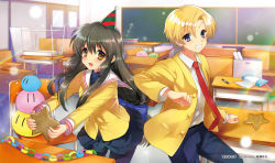 Rule 34 | 1boy, 1girl, black hair, black pants, black pantyhose, black skirt, blonde hair, blue bow, blue eyes, blush, bow, box, brown eyes, chalkboard, clannad, classroom, clenched teeth, collared shirt, commentary request, cowboy shot, dango daikazoku, desk, hair between eyes, hair bow, hat, highres, hikarizaka private high school uniform, ibuki fuuko, indoors, jacket, light particles, long hair, long sleeves, looking at viewer, low-tied long hair, marker, musou yuchi, necktie, open mouth, pants, pantyhose, party hat, pleated skirt, red necktie, school uniform, serafuku, shirt, short hair, skirt, smile, star (symbol), sunohara youhei, teeth, very long hair, white shirt, yellow jacket, yellow shirt
