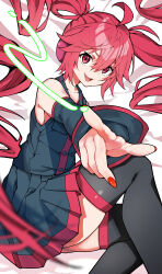 absurdly_long_hair ahoge alternate_hair_length alternate_hairstyle black_shirt black_skirt black_sleeves black_thighhighs breast_pocket buttons collarbone detached_sleeves double-parted_bangs fingernails hair_between_eyes hashtag-only_commentary headphones highres kasane_teto kasane_teto_(utau) long_hair looking_at_viewer michihirogswr miniskirt open_mouth outstretched_arm pleated_skirt pocket pointing pointing_at_viewer red_eyes red_hair red_nails shirt sitting skindentation skirt sleeveless sleeveless_shirt thighhighs twintails utau very_long_hair white_background zettai_ryouiki