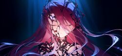 1girl blue_background closed_eyes fate/grand_order fate_(series) floating_hair game_cg hair_between_eyes hotosoka large_variant_set long_hair official_art portrait red_hair solo third-party_source typhon_ephemeros_(fate) variant_set