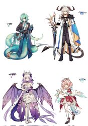 2boys 2girls anaxa_(honkai:_star_rail) aqua_hair black_jacket castorice_(honkai:_star_rail) demon_boy dragon_girl dress full_body highres honkai:_star_rail honkai_(series) hyacine_(honkai:_star_rail) jacket merman monster_boy multiple_boys multiple_girls phainon_(honkai:_star_rail) pink_hair purple_hair simple_background suinian0708 white_background white_dress wings