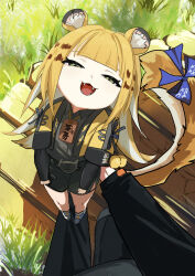 1girl absurdres animal_ear_fluff animal_ears black_shorts blonde_hair blunt_bangs closed_mouth dddcshake green_eyes half-closed_eyes highres jacket ju_fufu lifting_person long_hair looking_at_viewer open_clothes open_jacket open_mouth orange_jacket outdoors shirt_tucked_in short_shorts shorts smile solo tail tiger_ears tiger_girl tiger_tail zenless_zone_zero