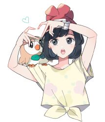 1girl :o atsumi_yoshioka beanie black_hair bracelet commentary_request gen_7_pokemon grey_eyes hands_up hat heart heart_hands jewelry nintendo on_shoulder open_mouth pokemon pokemon_(creature) pokemon_on_shoulder pokemon_sm red_hat rowlet selene_(pokemon) shirt short_hair short_sleeves simple_background t-shirt teeth tied_shirt upper_teeth_only white_background yellow_shirt z-ring