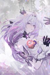 1girl bare_shoulders black_gloves blurry blurry_background bright_pupils bug butterfly castorice_(honkai:_star_rail) collar commentary detached_collar dress english_commentary expressionless floating_hair flower flower_wreath frilled_collar frilled_sleeves frills gloves glowing hair_between_eyes hair_flower hair_intakes hair_ornament hands_up head_wreath highres honkai:_star_rail honkai_(series) insect long_hair looking_to_the_side low_twintails pointy_ears purple_eyes purple_hair raised_eyebrows slit_pupils snow solo sparkle twintails upper_body white_dress white_pupils wrist_cuffs yumicowyvern