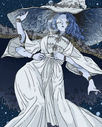 Rule 34 | 1girl, blue eyes, blue hair, blue skin, cloak, closed mouth, colored skin, cracked skin, dress, elden ring, extra arms, fur cloak, hat, large hat, looking at viewer, nikakukei0, one eye closed, ranni the witch, solo, wavy hair, white dress, white hat, witch hat
