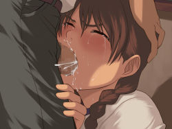 Rule 34 | 1boy, 1girl, blush, braid, brown hair, censored, closed eyes, cum, cum in mouth, cum on body, deepthroat, denim, facial, fellatio, forced, game cg, gym uniform, hand on head, hetero, jeans, nanase ruo, oral, pants, penis, real intention, school uniform, tears, twin braids, yizumi