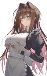 1girl alternate_costume aozaki_aoko apron black_dress blue_eyes breast_lift brown_hair commentary dress enmaided hair_intakes highres juliet_sleeves long_hair long_sleeves mahou_tsukai_no_yoru maid puffy_sleeves simple_background smile solo toomishou white_apron white_background
