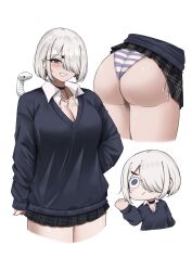 1girl :&lt; absurdres ass barbell_piercing black_choker black_skirt blue_eyes blue_sweater blush blush_stickers breasts chibi chibi_inset choker cleavage clenched_hand closed_mouth collared_shirt cropped_legs cropped_torso ear_piercing grey_hair grin hair_ornament hair_over_one_eye highres jewelry large_breasts long_sleeves looking_at_viewer miniskirt mole mole_on_ass multiple_views necklace one_eye_covered original panties piercing plaid_clothes plaid_skirt pleated_skirt school_uniform shirt short_hair side-tie_peek simple_background skirt sleeves_past_wrists smile snake spiked_ear_piercing striped_clothes striped_panties sweater underwear wedgie white_background white_shirt white_snake x_hair_ornament yukaraishin