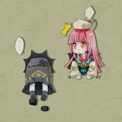 ... 2girls asahi_(dq10) black_socks blunt_bangs blunt_ends colored_skin commentary_request dragon_quest dragon_quest_x hat japanese_clothes long_hair looking_at_another medallion multiple_girls notice_lines okobo orange_eyes pink_hair platform_sandals sandals socks speech_bubble sweatdrop through_wall tokin_hat utsubushi_satsuki white_hat white_skin yoi_(dq10)