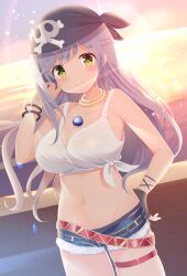 1girl absurdres bare_shoulders belt black_hat blue_sky bracelet braid breasts cleavage collar gizeric_fausta hand_on_own_hip hat highres iris_mysteria! jewelry large_breasts long_hair looking_at_viewer mimi_(mimi3mimimi) navel red_belt short_shorts shorts sky standing sunset white_hair yellow_eyes