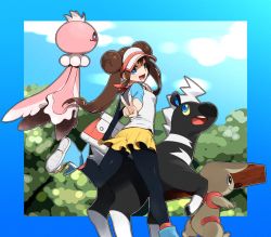 10s 1girl :d agemono bad_id bad_pixiv_id bag black_eyes black_pantyhose blitzle blue_eyes breasts brown_hair colored_sclera creature creatures_(company) double_bun frillish game_freak gen_5_pokemon hair_bun legs long_hair medium_breasts nintendo open_mouth outline pantyhose pokemon pokemon_(creature) pokemon_bw2 rosa_(pokemon) shorts skirt smile timburr twintails v visor_cap white_outline yellow_sclera