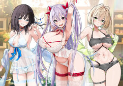 3girls arms_up babydoll black_hair black_panties blonde_hair blue_eyes blush breasts cleavage colored_inner_hair garter_belt green_eyes huge_breasts large_breasts long_hair looking_at_viewer mappaninatta medium_breasts multicolored_hair multiple_girls navel navel_piercing open_mouth original panties piercing purple_hair red_eyes see-through_clothes short_hair sports_bra thighhighs two_side_up underboob underwear white_panties white_thighhighs