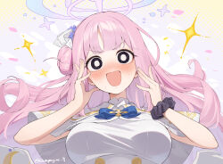 1girl :d @_@ blue_archive blush breasts capelet commentary dress hair_bun halo highres kanpa_(campagne_9) long_hair looking_at_viewer medium_breasts mika_(blue_archive) nervous_smile nervous_sweating nose_blush open_mouth pink_hair scrunchie single_side_bun sleeveless sleeveless_dress smile solo sparkle sweat twitter_username upper_body very_long_hair white_capelet white_dress white_wings wings wrist_scrunchie