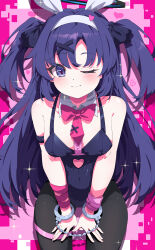 1girl absurdres alternate_costume animal_ears black_leotard black_pantyhose blue_archive blush bow bowtie chinese_commentary collar commentary cosplay cuffs fake_animal_ears hair_ornament halo handcuffs highres hua-huahua leotard long_hair looking_at_viewer mechanical_halo necktie one_eye_closed pantyhose playboy_bunny purple_eyes purple_hair rabbit_ears rabbit_hole_(vocaloid) red_bow red_bowtie red_necktie solo twintails vocaloid white_collar yuuka_(blue_archive)