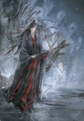 1boy bare_tree black_boots black_hair black_hanfu boots chinese_clothes closed_mouth dizi faux_traditional_media flute flute_tassel full_body ghost grey_eyes hair_ribbon hanfu high_ponytail holding holding_flute holding_instrument ink_wash_painting instrument kcllzas163 light_particles long_hair long_sleeves looking_at_viewer male_focus modao_zushi night outdoors ponytail red_ribbon red_sash ribbon robe sash smoke solo standing tassel third-party_source transverse_flute tree wei_wuxian wide_sleeves