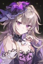 1girl bare_shoulders black_background black_choker blonde_hair breasts character_name choker cleavage closed_mouth commentary dress hand_up hashtag-only_commentary hat herta_(honkai:_star_rail) highres honkai:_star_rail honkai_(series) long_hair long_sleeves looking_at_viewer pink_eyes purple_dress purple_hat sha_(nz2) solo the_herta_(honkai:_star_rail) upper_body