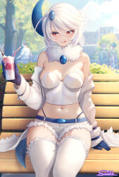 1girl absol arm_at_side artist_name bare_shoulders belt black_panties blue_gemstone blue_gloves blue_horns blue_sky blush bob_cut breasts brooch chromatic_aberration closed_mouth cloud commission cup day dessert detached_collar drinking_glass drinking_straw female_focus food fur-trimmed_jacket fur-trimmed_shorts fur-trimmed_thighhighs fur_collar fur_trim gem gen_3_pokemon gloves hair_between_eyes hair_ornament hand_up happy heart heart_print highleg highleg_panties highres holding holding_drinking_glass holding_food horns jacket jewelry licking_lips long_sleeves looking_to_the_side medium_breasts micro_shorts midriff navel nintendo off_shoulder on_bench outdoors panties parfait park people personification pokemon red_eyes shirt short_hair shorts sidelocks signature single_horn sitting skeb_commission skindentation sky smile solo_focus stomach strapless strapless_shirt suahh thighhighs tongue tongue_out tree tube_top underwear white_hair white_jacket white_shirt white_shorts white_thighhighs