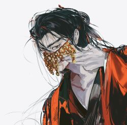1boy 41067378 biting biting_finger black_eyes black_hair black_hanfu blood blood_in_mouth blood_on_face blood_on_hands chinese_clothes chinese_commentary coat coin coin_mask collarbone dao_gui_yi_xian eyelashes finger_in_own_mouth hair_bun hair_ornament hair_stick half_updo hand_up hanfu heterochromia highres holed_coin li_huowang long_hair long_sleeves looking_at_viewer male_focus mask mask_lift messy_hair mouth_veil pectoral_cleavage pectorals realistic red_coat red_eyes robe scar scar_on_face simple_background single_hair_bun solo teeth upper_body veil white_background wide_sleeves