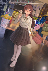 2girls bag black_skirt blouse blush brown_hair cellphone commentary_request frilled_shirt frills hair_between_eyes highres holding holding_phone long_hair looking_at_viewer mall multiple_girls original pantyhose phone sandals shirt shoes skirt solo_focus toes wavy_mouth white_footwear white_legwear white_pantyhose white_shirt yewang19