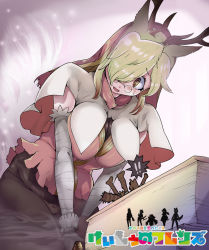 ! !! 10s 2girls animal_ears animal_print antlers blonde_hair bloodborne blush book bow bow_panties breasts brown_eyes crossover den_(zeroshiki) elbow_gloves glasses gloves hair_over_one_eye horns kemono_friends large_breasts leaning_forward long_hair looking_at_another multiple_girls open_mouth own_hands_together panties panties_under_pantyhose pantyhose personification pince-nez pink_shirt serval_(kemono_friends) serval_tail shirt silhouette size_difference skirt sweatdrop tail underwear v_arms vicar_amelia white_panties