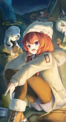 Rule 34 | 3girls, absurdres, animal ear headwear, baseball cap, black pantyhose, blue archive, blue eyes, blue shorts, blush, boots, brown boots, brown scarf, closed mouth, cup, dandandan668, fake animal ears, fang, fur trim, green eyes, green halo, green jacket, grey hair, grey jacket, halo, hare (blue archive), hare (camp) (blue archive), hat, highres, holding, holding cup, jacket, kotama (blue archive), kotama (camp) (blue archive), looking at viewer, maki (blue archive), maki (camp) (blue archive), multiple girls, official alternate costume, official alternate hairstyle, open mouth, pantyhose, ponytail, purple eyes, purple halo, red hair, red halo, scarf, shirt, shorts, sitting, skin fang, smile, v, white hat, white shirt