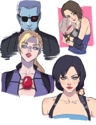 Rule 34 | 1boy, albert wesker, alice (resident evil), black gloves, black hair, blonde hair, blue eyes, brown hair, gloves, glowing, glowing eyes, highres, holding, holding stuffed toy, jill valentine, multiple persona, nemesis (resident evil), oyenpaws, ponytail, resident evil, resident evil: apocalypse, resident evil 3: nemesis, resident evil 3 (remake), simple background, smile, stuffed toy, sunglasses, white background
