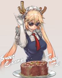 1girl 3: 3:&lt; absurdres blonde_hair breasts closed_mouth commentary_request dragon_girl dragon_horns dragon_tail_steak elbow_gloves english_text female_focus food gloves gradient_background hand_up highres horns kobayashi-san_chi_no_maidragon large_breasts light_brown_hair long_hair looking_at_viewer maid maid_headdress meat meme necktie parody plate revision salt salt_bae_(meme) simple_background sketch solo sunglasses tohru_(maidragon) twintails upper_body urorong v-shaped_eyebrows white_gloves