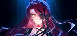 1girl blue_background choker fate/grand_order fate_(series) floating_hair game_cg hair_between_eyes hair_ornament hotosoka large_variant_set long_hair looking_at_viewer official_art one_eye_covered portrait red_hair ribbon slit_pupils solo tearing_up third-party_source typhon_ephemeros_(fate) typhon_ephemeros_(second_ascension)_(fate) variant_set yellow_eyes