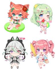 4girls :d ;q animal_ear_fluff animal_ears ball barefoot beachball bikini bikini_under_clothes black_jacket black_skirt blue_eyes blue_hair blue_jacket blush bow breasts chibi cleavage closed_mouth commentary english_commentary flower food frilled_skirt frills green_bikini green_eyes green_hair hair_between_eyes hair_bow hair_flower hair_ornament hairclip heterochromia hibiscus highres hitsukuya holding holding_ball holding_food holding_umbrella innertube jacket long_hair medium_breasts multicolored_hair multiple_girls navel off_shoulder one_eye_closed open_clothes open_jacket open_mouth orange_hair original pink_bikini pink_bow pink_hair popsicle purple_eyes red_eyes red_flower ringlets sample_watermark shirt short_shorts shorts simple_background skirt smile streaked_hair swim_ring swimsuit tail tied_shirt tongue tongue_out twintails two-tone_hair umbrella very_long_hair watermark watermelon_bar white_background white_hair white_shirt white_shorts yellow_umbrella