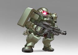 absurdres chibi chinese_commentary commentary_request finger_on_trigger full_body glowing glowing_eye gun gundam gundam_gquuuuuux highres holding holding_gun holding_weapon looking_at_viewer making-of_available mecha mecha_focus mobile_suit no_humans one-eyed red_eyes robot science_fiction sd_gundam solo standing weapon zaku_ii zakuma