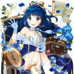 1girl ahoge bag blue_dress blue_eyes blue_gloves blue_hair blunt_bangs dress flower frilled_socks frills gloves hair_ribbon holding holding_bag jewelry kneehighs long_hair map necklace nina_voyage off-shoulder_dress off_shoulder on_chair open_mouth polka_dot_gloves ribbon salt_(salty) sitting socks uchi_no_hime-sama_ga_ichiban_kawaii watch yellow_ribbon