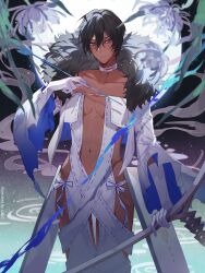 1boy arjuna_(fate) arrow_(projectile) black_hair blue_eyeshadow blush bow_(weapon) choker cosplay crossdressing crossdressing_(mtf) dark-skinned_male dark_skin dress eyeshadow fate/grand_order fate_(series) feet_out_of_frame fur-trimmed_dress fur_trim gloves grey_eyes highres holding holding_arrow holding_bow_(weapon) holding_weapon makeup male_focus navel parted_lips pectorals revealing_clothes short_hair solo sqloveraven weapon white_gloves yu_mei-ren_(fate) yu_mei-ren_(fate)_(cosplay)