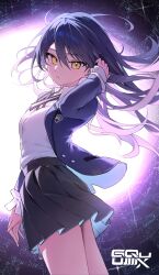 Rule 34 | 1girl, absurdres, artist name, black skirt, blazer, blue jacket, breasts, collared shirt, cowboy shot, dress shirt, floating hair, gundam, gundam gquuuuuux, hair between eyes, highres, jacket, logo, long hair, looking at viewer, multicolored hair, necktie, nyaan (gundam gquuuuuux), pink hair, pleated skirt, pomeo dayo, purple hair, school uniform, shirt, signature, skirt, sky, small breasts, solo, standing, thighs, two-tone hair, white shirt, yellow eyes