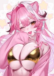 1girl alternate_costume animal_ear_fluff animal_ears bikini blush breasts cardigan cleavage commentary fingernails gold_bikini golden_week hair_between_eyes hand_up highres hololive hololive_english large_breasts long_hair looking_at_viewer microphone nail_polish one_eye_closed open_cardigan open_clothes open_mouth orange_eyes pink_cardigan pink_hair pink_nails purple_bikini raora_panthera ringeko-chan shirt solo swimsuit underboob upper_body very_long_hair virtual_youtuber white_shirt