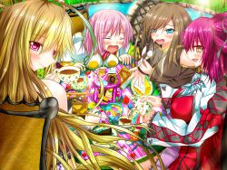 00s 4girls aqua_eyes aqua_hair bare_shoulders blonde_hair blush book breast_press breasts brown_eyes brown_hair cake chair cheria_barnes coat detached_sleeves donut estellise_sidos_heurassein closed_eyes food from_behind gradient_hair hair_ribbon highres kk large_breasts long_hair looking_at_viewer milla_maxwell multicolored_hair multiple_girls open_mouth pink_hair purple_eyes ribbon short_hair short_twintails smile table tales_of_(series) tales_of_graces tales_of_the_abyss tales_of_vesperia tales_of_xillia tea tear_grants twintails